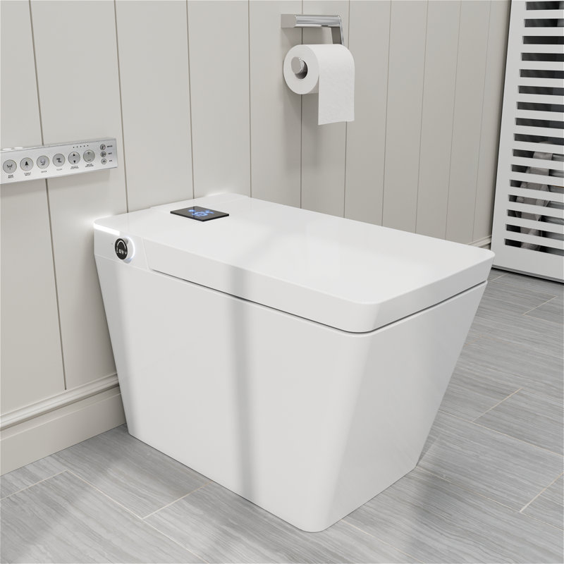 One-piece Floor Mounted Square Smart Toilet With Remote Control And Automatic Cover, White