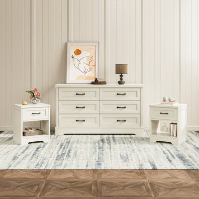 Ensemble de chambre à coucher 2 pièces Willowbrook - Commode 6 tiroirs et 2 tables de chevet avec tiroir et rangement ouvert