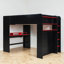Lit mezzanine pleine grandeur avec bureau réglable et lumières RVB, tablettes de rangement et garde-robe ouverte, contemporain, chambre d'enfant-130191607
