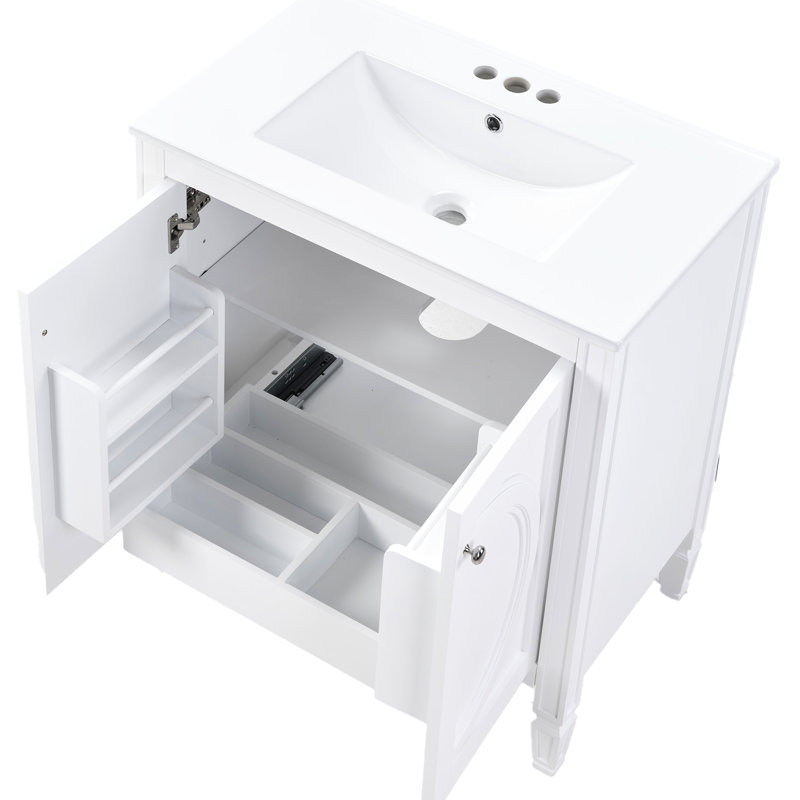 Meuble-lavabo de 30 po avec finition blanc rétro, lavabo en céramique, fonction de fermeture en douceur, bois massif et fabrication, matériau des trous de robinet pré-percés, protection contre le débordement, tablette réglable