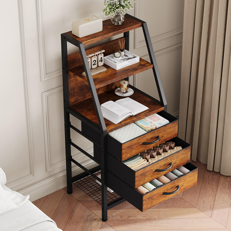 Wide Vintage Bedside Table with 3 Fabric Storage Drawers & Open Shelf, Multi-Purpose Nightstand, Sofa Side Table for Bedroom & Compact Lounge Spaces