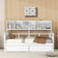 Lit de jour simple, support en lattes de bois, avec tablettes de chevet et deux tiroirs, blanc