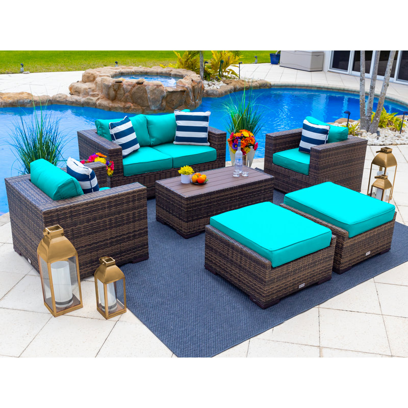 Sorrento Collection In Brown 6 - Person Patio Conversation Set with Cushions, Canvas Aruba Sunbrella® Canvas