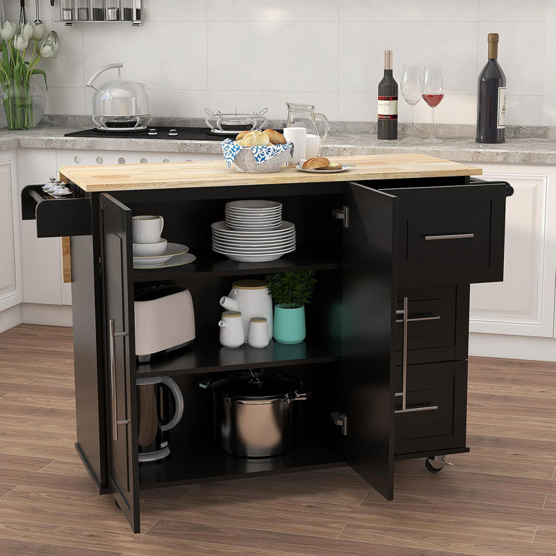 Îlot de cuisine avec support à épices, porte-serviettes et plateau de table en bois massif extensible - noir, Noir