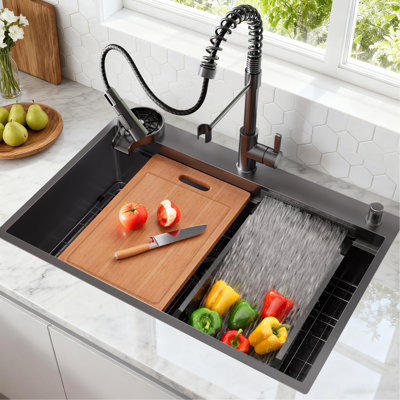 Évier de cuisine en cascade à simple cuve 33 po noir avec robinet escamotable, évier de cuisine à évacuation rapide et à condensation avec station de travail, rebord rapide 2 en 1, revêtement Nano, silencieux