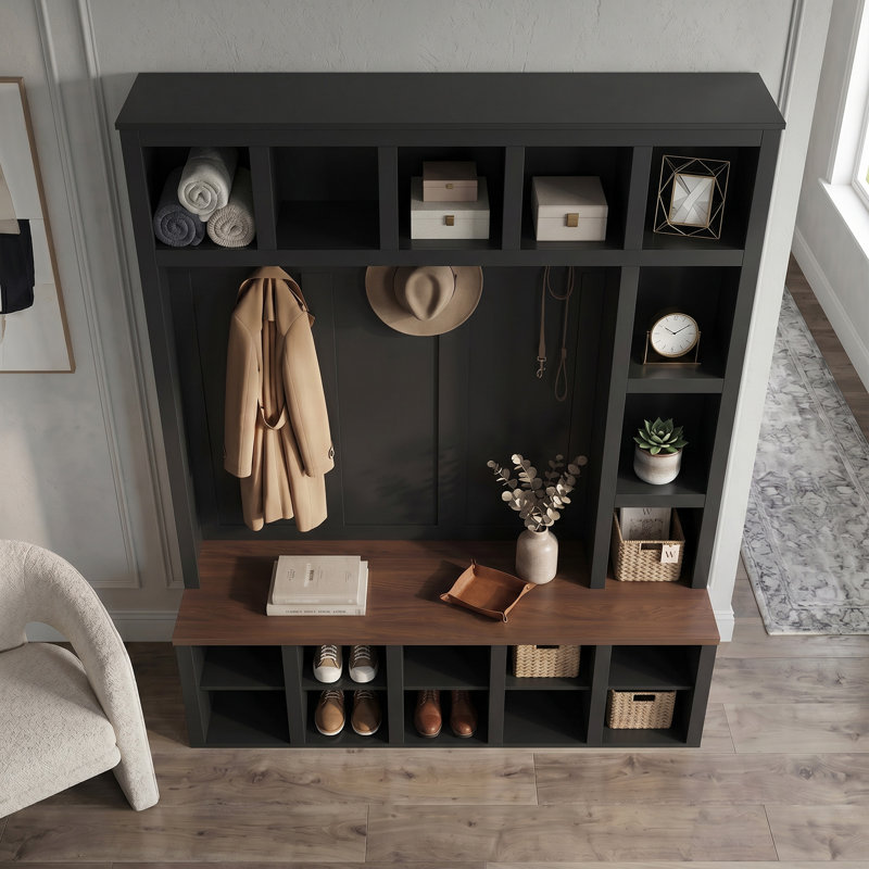 4-in-1 Hall Tree Fits Mudroom Living Room Use with Ample Storage & Sturdy Structure, Black