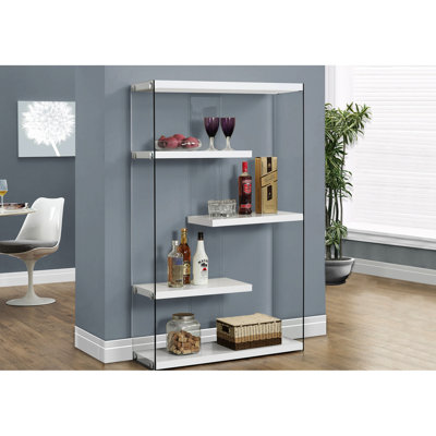 60"H 5 Tier Bookcase In Glossy White Laminate, With Tempered Glass, Modern Bedroom And Office Accessory , Clear Elegant Shelf