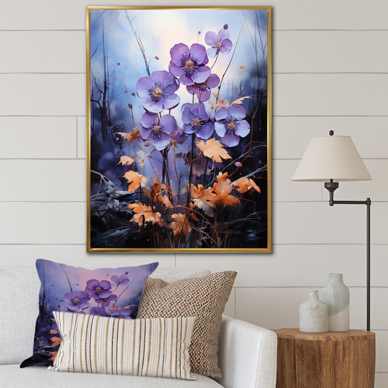 «Mute Tone Violets Merge» avec des paysages surréels sur toile, Cadre flottant doré, H 44 po x l 34 po x P 1,5 po
