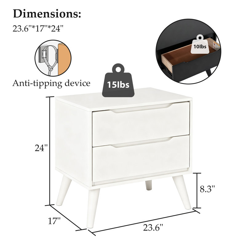 Modern Solid Wood Nightstand With 2 Drawers，Fully Assembled, White