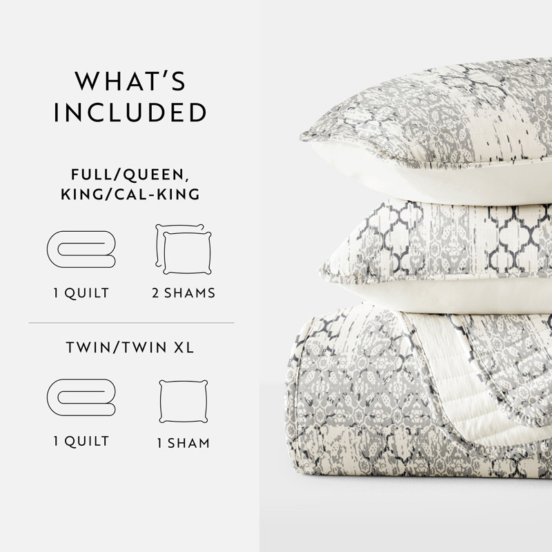 Light Gray Reversible Microfiber Full Quilt Set with Geometric Pattern