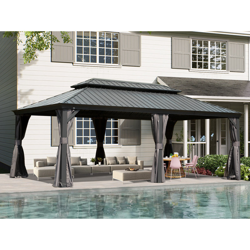 14' X 20' Hardtop Gazebo Outdoor Metal Gazebo Canopy With Galvanized Steel Double Roof, Aluminum Frame, Curtains And Netting For Patio, Deck, Garden, Grey