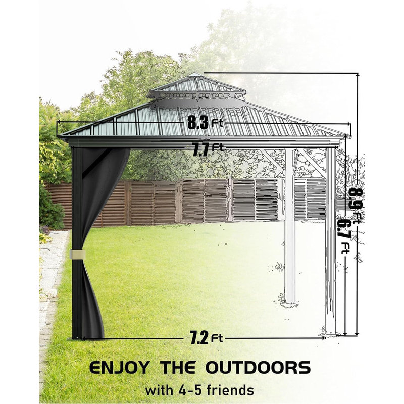 Hardtop Gazebo with Double Metal Roof, Aluminum Frame & Netting for All Weather Outdoor Use, 115" H x 96" W x 96" D