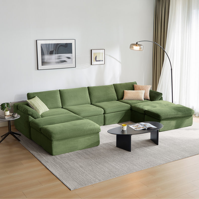 Canapé modulaire en U Nathasa, Velours côtelé vert Nova