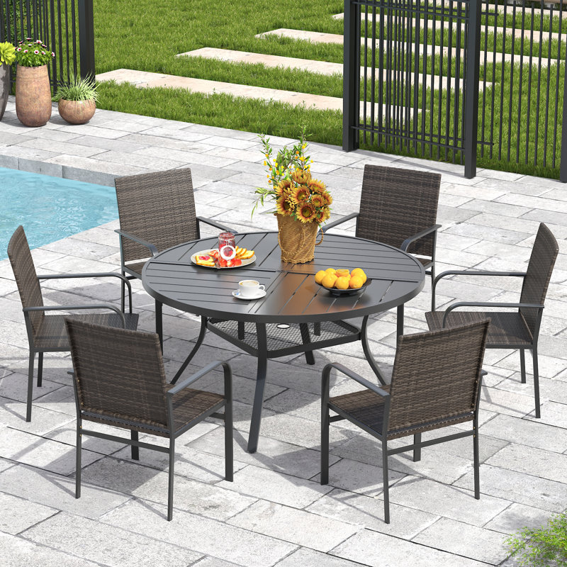 6-Person Outdoor Patio Dining Set With Wicker Chairs, Black