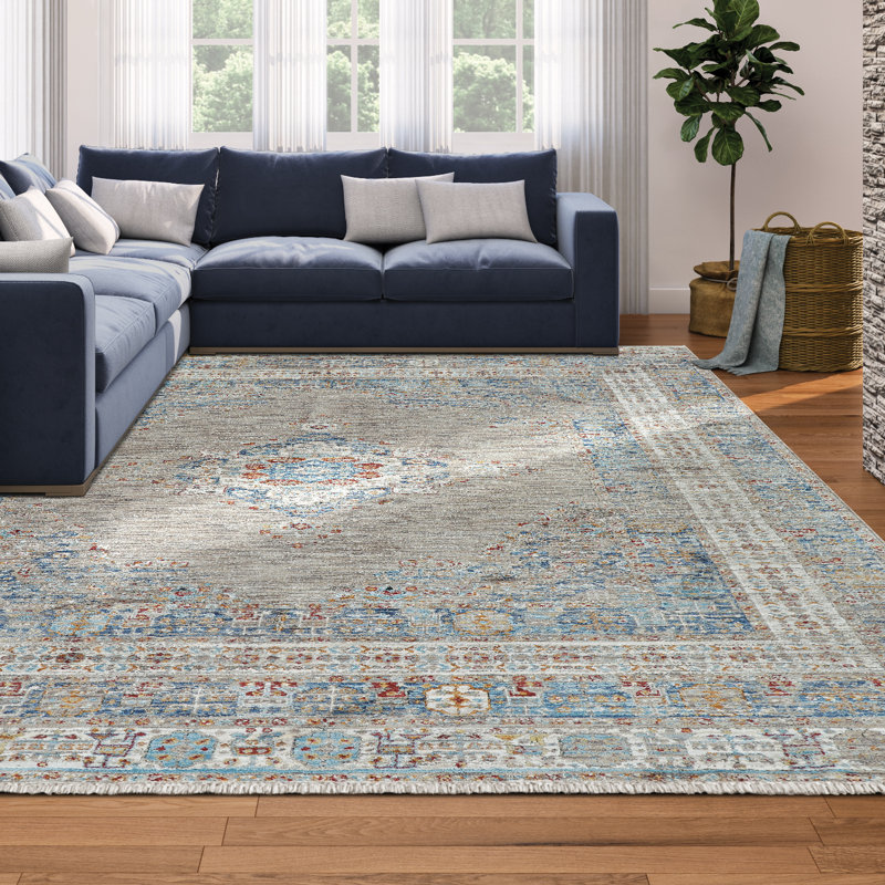Tapis bleu frangé Mizic, Rectangle 6 pi 6 po x 9 pi 6 po