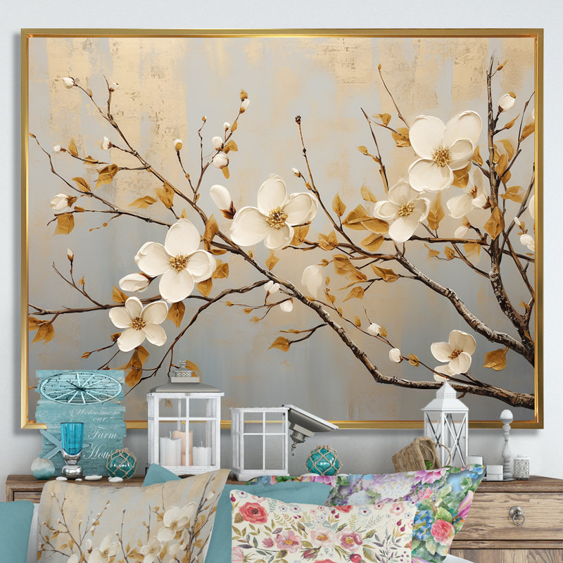 «White Dogwood Blossom Dreams III», reproduction sur toile, Cadre flottant doré, H 12 po x l 20 po x P 1 po