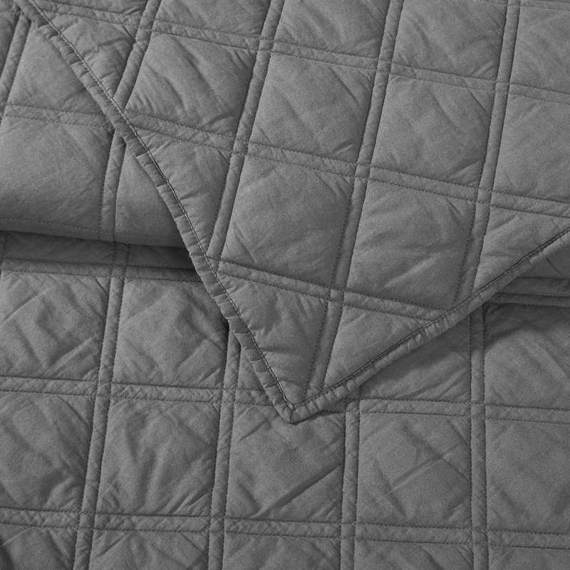 Brooklyn Loom Diamond Washed Cotton Quilt Set, Queen Quilt  + 2 Shams, Gray