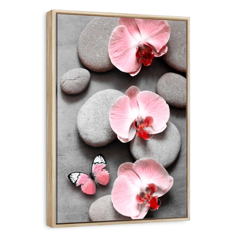 Zen orchidées roses et papillons, Floating Frame Natural Wood, 27" x 40"
