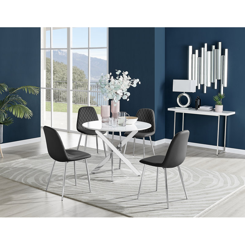 Tierra Modern Metal & Glass Round Dining Table Set with 4 Luxury Faux Leather Chairs, Black/Silver, White Gloss