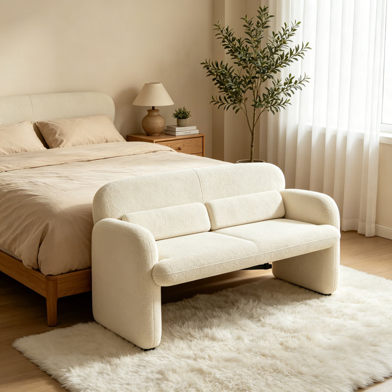  Morden Minimalist Upholstered Chenille Loveseat Sofa, Decorative Sofa for Living Room, White