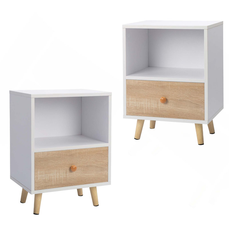 Ensemble de 2 tables de chevet en bois de style Mid-Century avec tiroir, tablette de rangement et usages multiples, Blanc