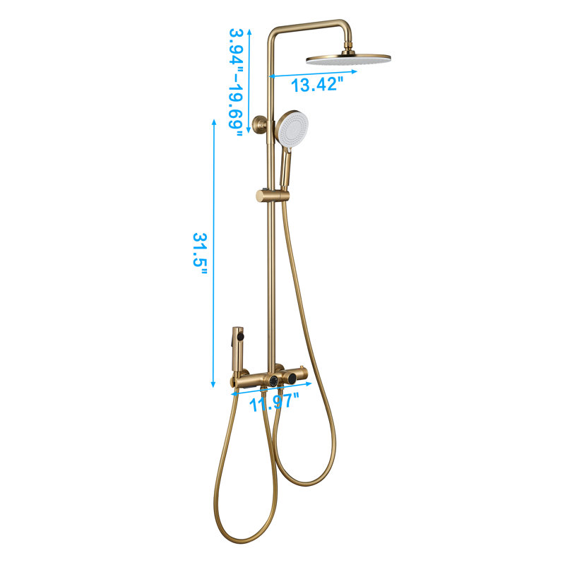 Wall Mounted Four Function Thermostatic Bathroom Shower System Rain Shower Heads, Brushed Gold