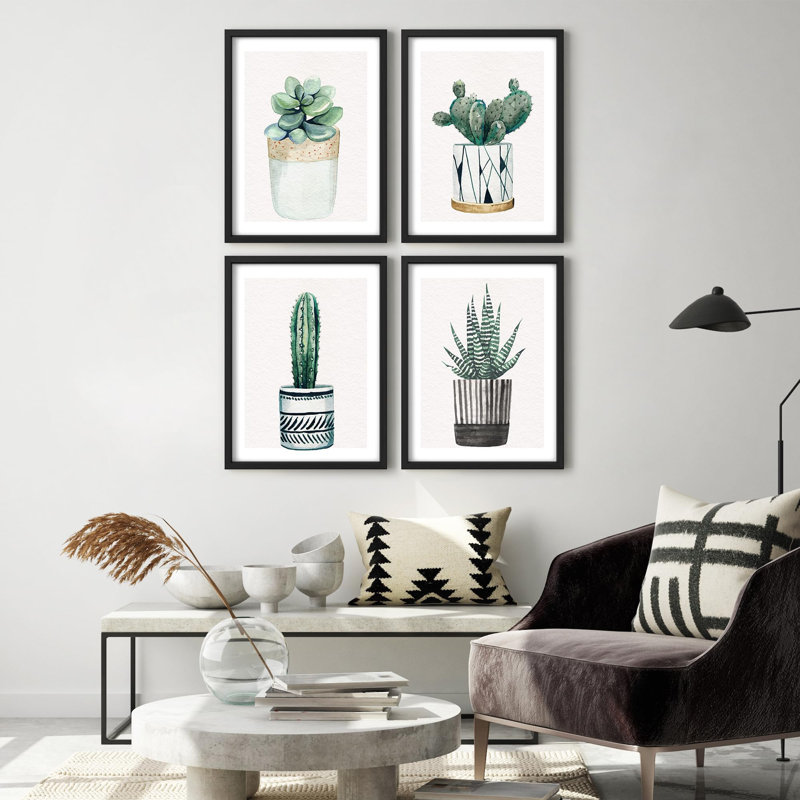 "Plantes succulentes et cactus en pot, aquarelle, œuvre d'art botanique, décor moderne et naturel", 4 pièces, Noir