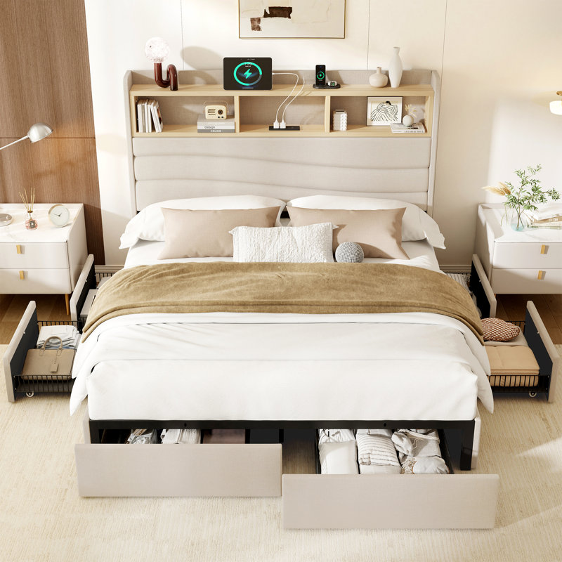 Queen Size Bed with 6 Storage Drawers & Headboard, Upholstered Bed Frame with Charging Station, Beige, Beige, Queen