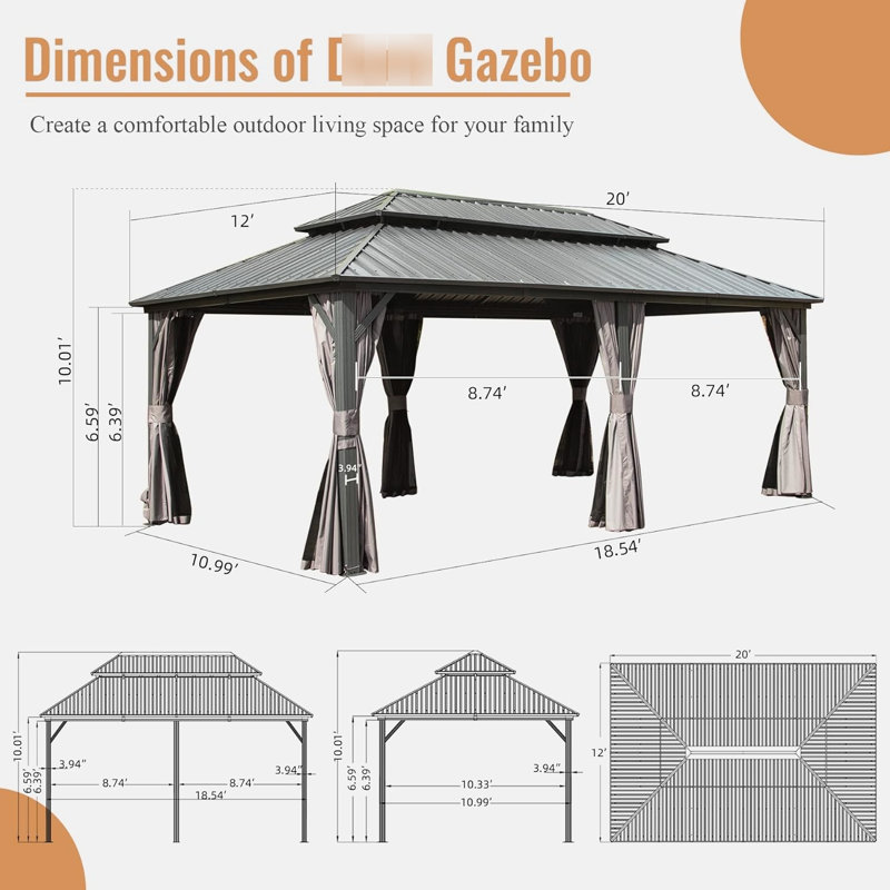 Pavillon de jardin 12 pi x 20 pi, structure en aluminium, double toit en acier galvanisé, filet pour cadre de pelouse, patio à rideaux