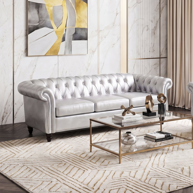 Chesterfield Button Tufted Backrest Multi-seat Upholstered Sofa, Silver Faux Leather