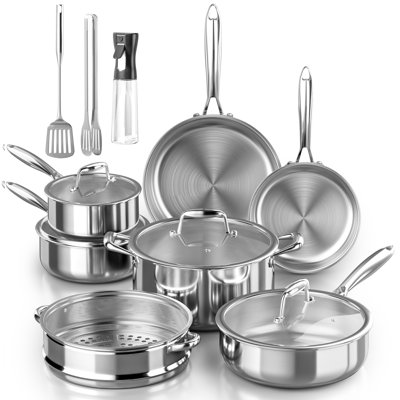  Ensemble de batterie de cuisine 14 pièces en acier inoxydable avec compatibilité à induction