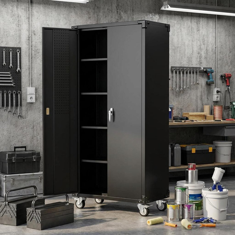 Armoire roulante verrouillable 72 po avec 2 portes et 4 tablettes réglables, rangement de garage robuste pour atelier / maison - conception de porte perforée, armoire mobile en acier