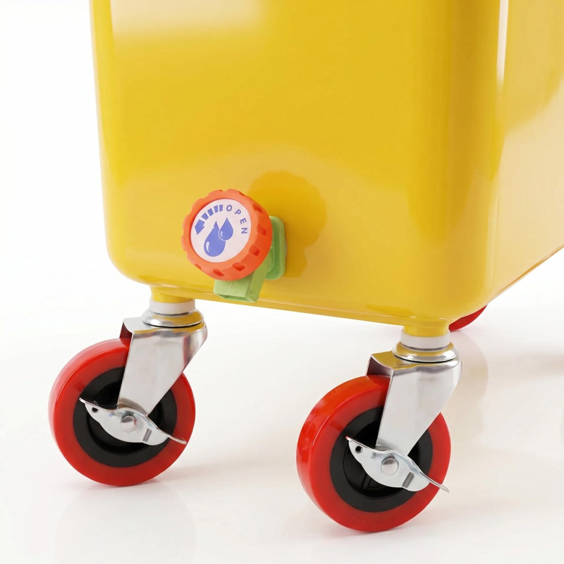 Bac à déchets de boissons commercial jaune avec roues verrouillables – Station de vidange à deux compartiments pour déchets liquides et solides, PEHD résistant aux fuites, pour bar, restaurant, traiteur et événements