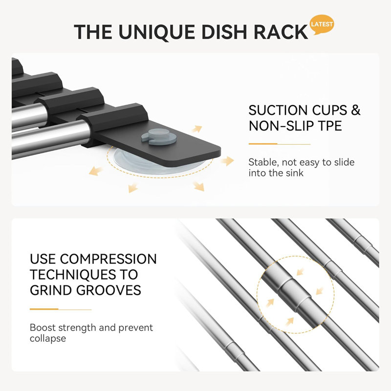 Adjustable Over-The-Sink Dish Drying Rack With Roll-Up Storage Basket, 10-19.6 Inches, Stainless Steel