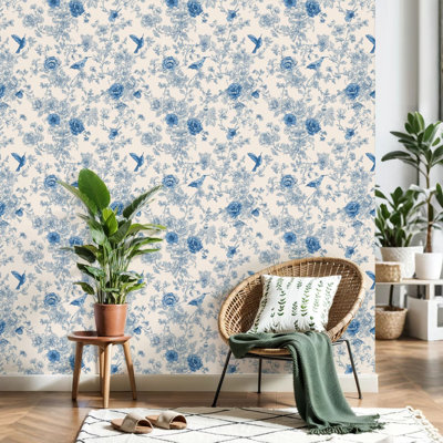 Papier peint adhésif autocollant bleu à motif floral beige et adhésif mural amovible pour armoires de cuisine pour chambre 24 po x 118 po