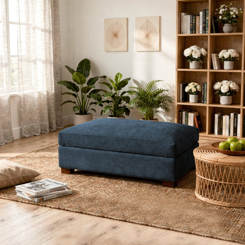 Repose-pieds rembourré rectangulaire en chenille bleu, pièce modulaire simple pour canapé modulaire, Chenille, Bleu