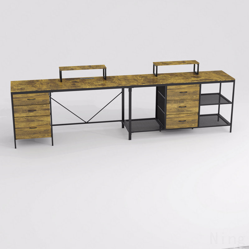 114" L-Shaped Desk With Power Hub, Industrial Gaming Desk - 6 Drawers, Removable Monitor Stand, Rustic Brown Home Office
