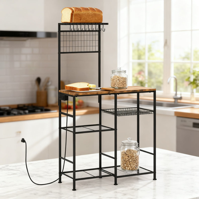 Étagère de cuisine avec 3 prises de courant, étagère de rangement à 6 niveaux avec panier amovible, support à micro-ondes et station de café avec 10 crochets en S
