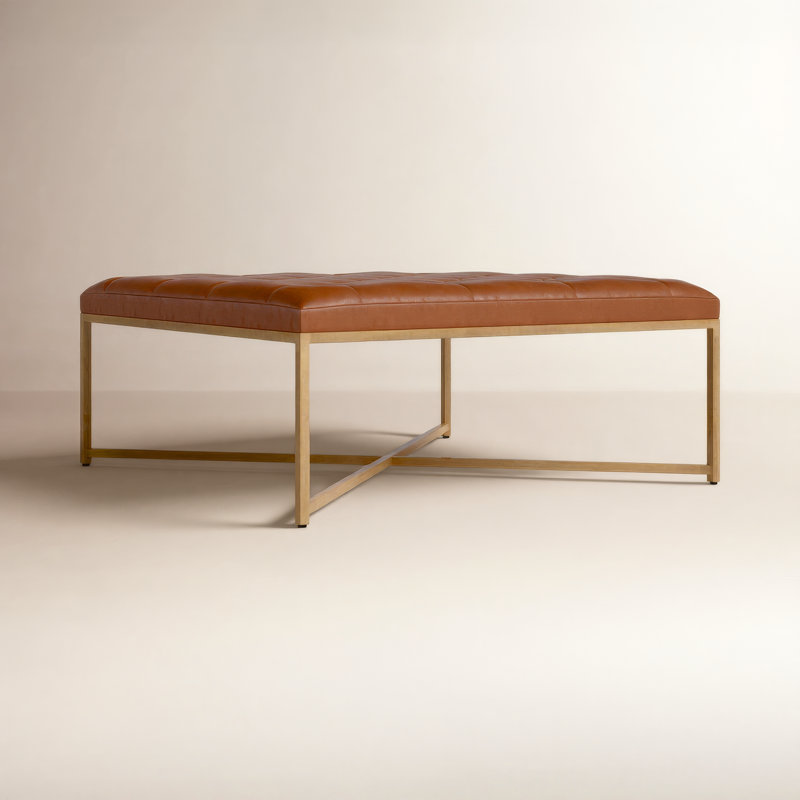 Endall Square Leather Ottoman, Marseille Camel Top Grain Genuine Leather