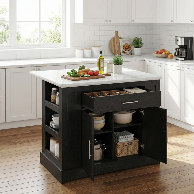 Fusunbao Large Kitchen Island With Storage & Power Outlet, Drawer, Adjustable Shelves, Side Open Compartments, And Drop Leaf,island Table For Kitchen With Footrest,black