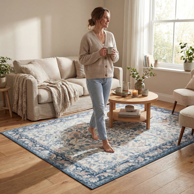  Audessa Floral & Paisley Washable Rug, Blue, Runner 2'6" x 8'