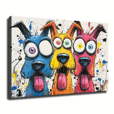 Colorful Pop Art Three Funny Cartoon Dogs, Large Gallery Wrapped Canvas Wall Art Print For Living Room Bedroom