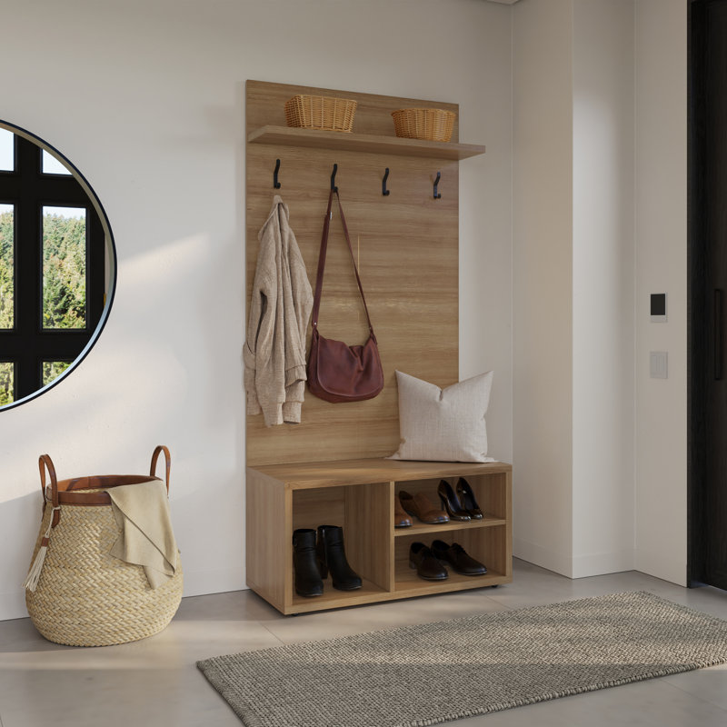 Banc de rangement pour chaussures avec porte-manteau mural Porto, Brun