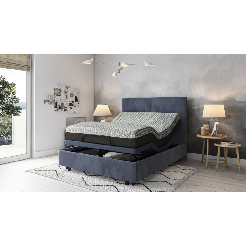 Plateforme de grand lit réglable Os3, modifications de la position de la tête et des pieds, 3 réglages de vibration, capacité de poids de 850 lb, support pour grand lit bleu et niveaux d'intensité,