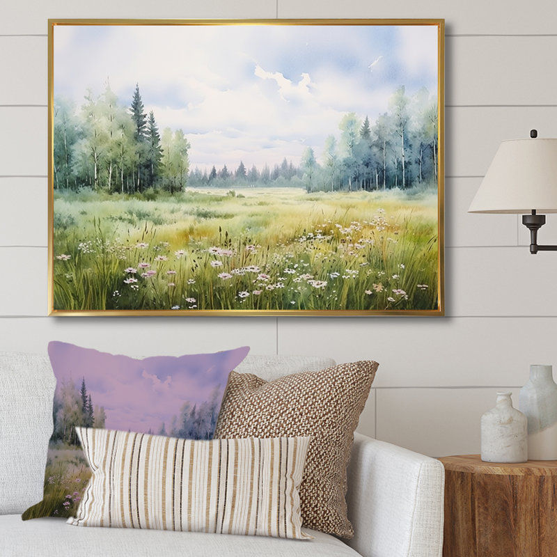 Meadow Scenery Minimalisme V - Art mural prairie, H 24 po x l 32 po x P 1 po, Cadre flottant doré