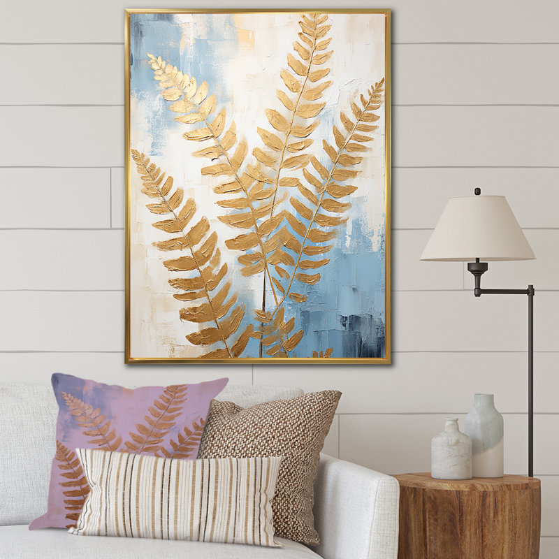 «Gold Ferns Silent Getaway V», reproduction sur toile, Cadre flottant doré, H 32 po x l 16 po x P 1 po