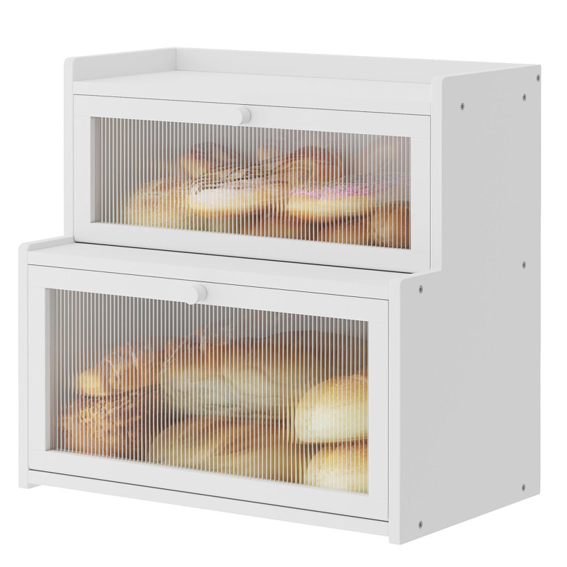 Double Layer Bamboo Bread Box For Kitchen Counter,Bread Holder,Countertop Bread Storage With Window (White)
