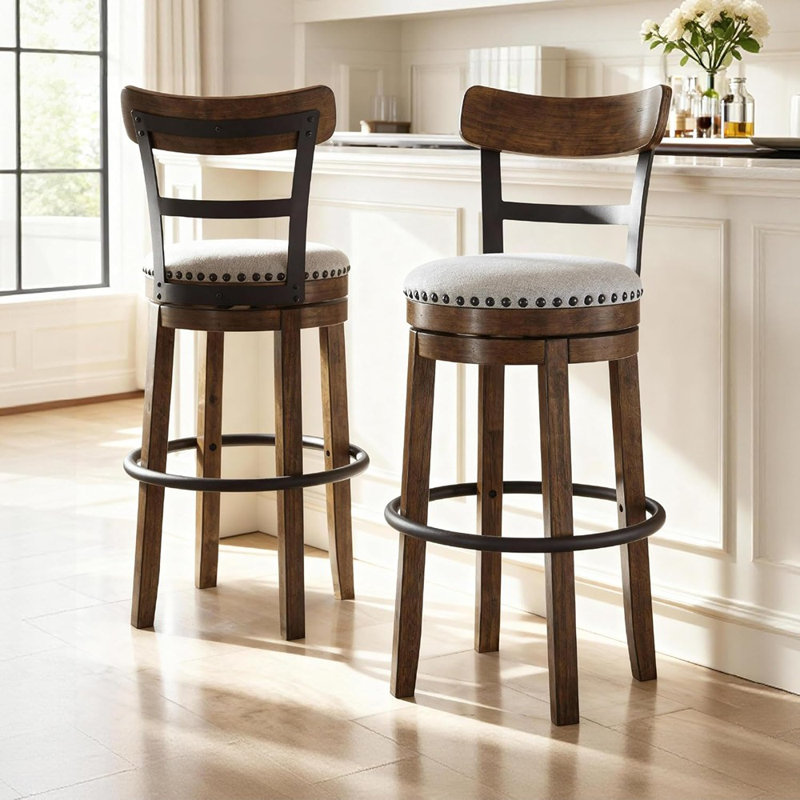 Tabouret de bar pivotant de 30 po de hauteur pub avec dossier rembourré, garniture cloutée, structure en métal et bois, brun
