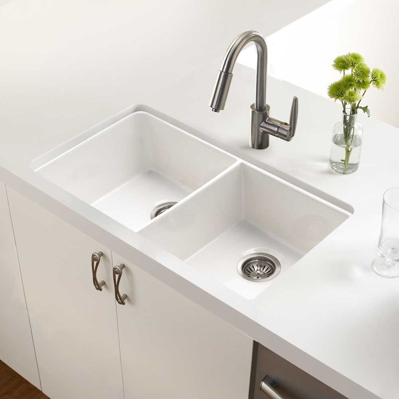 Houzer Apron Front / Undermount 32-3/16" Fireclay Double Bowl 50/50 Kitchen Sink, White
