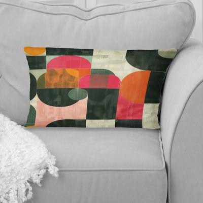 Pink Black Midcentury Geometric Shapes I - Midcentury Colors Soft Line Lumbar Pillow